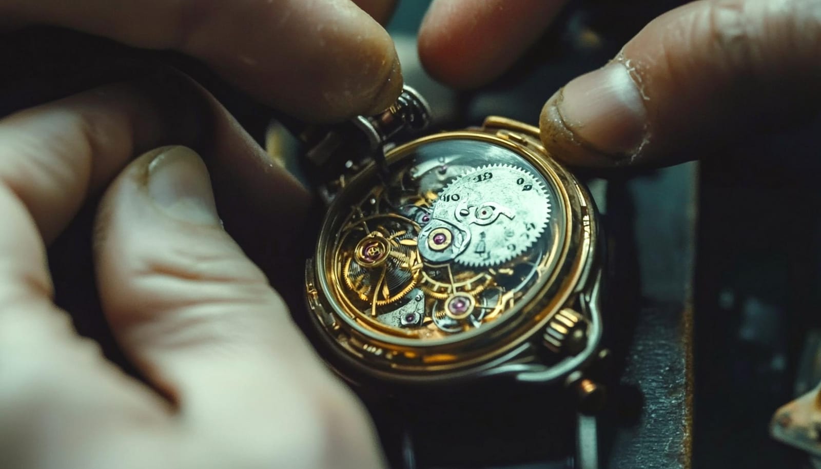 Orologiaio al lavoro su un orologio meccanico d'epoca
