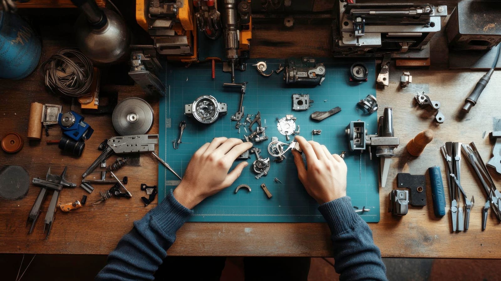 Mani al lavoro su un banco con strumenti e componenti di orologeria